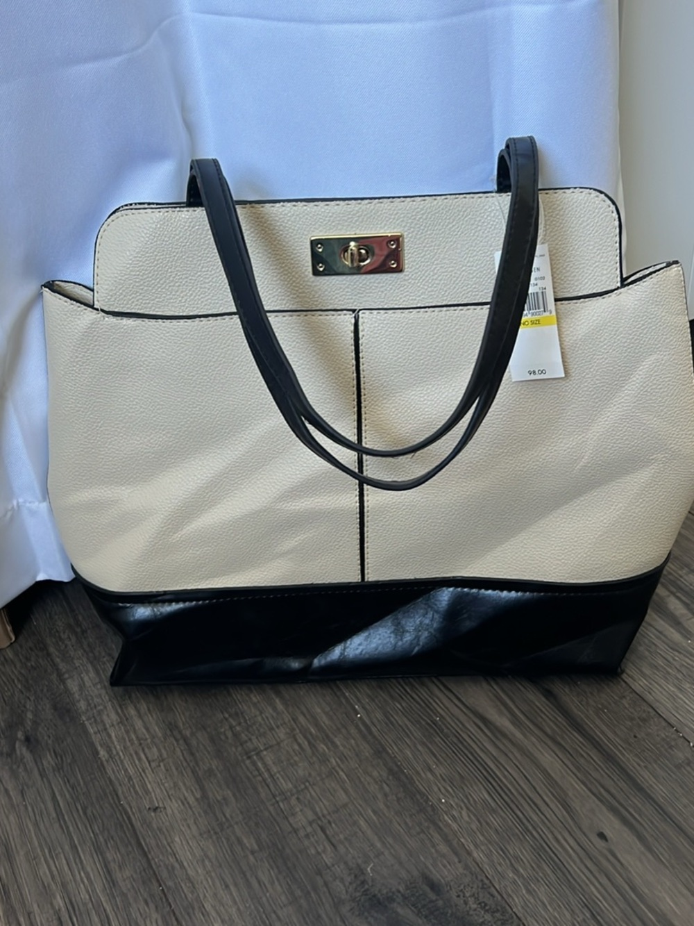 NEW VAN HUSSAIN Classic Two-Tone Tote Bag in Cream and Black
